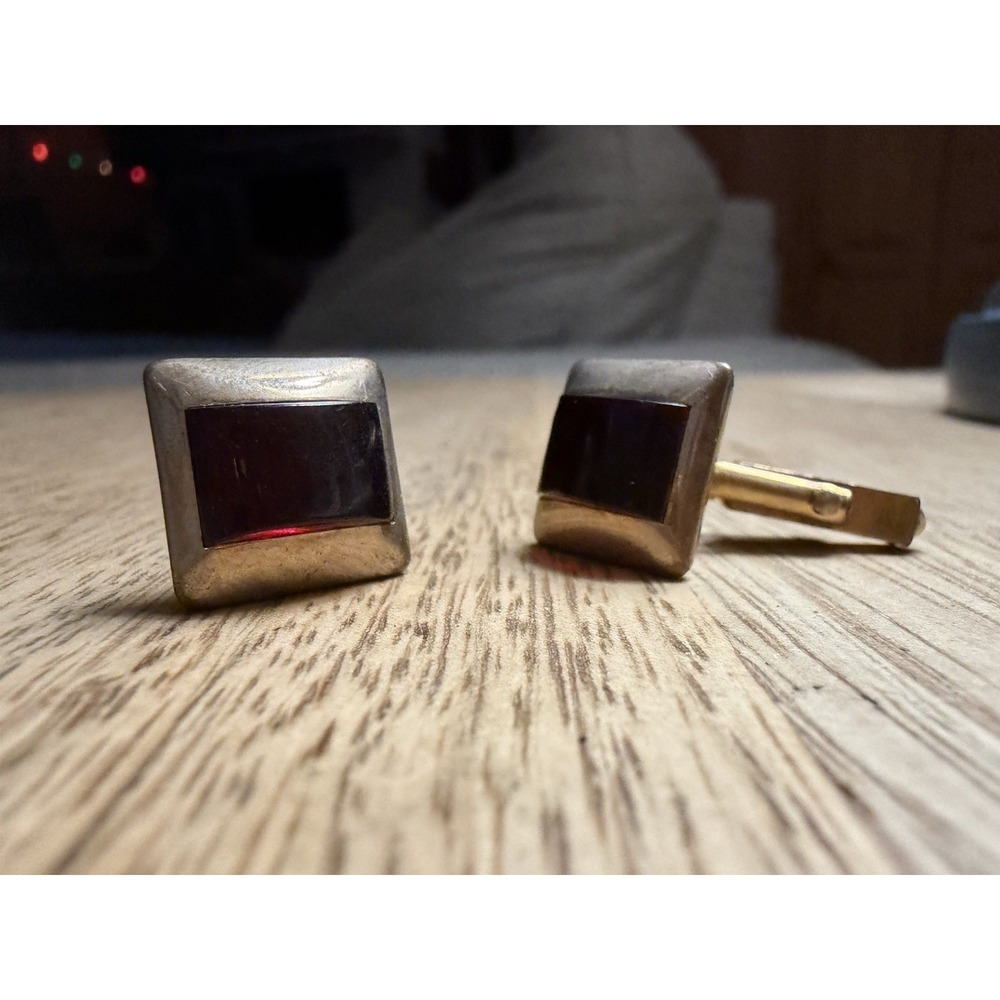 Swank vintage cuff links w/ dark red stones in silver setting w/ Gold Plating